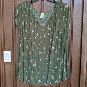 Olive Green Floral Smocked Plus 3X Top